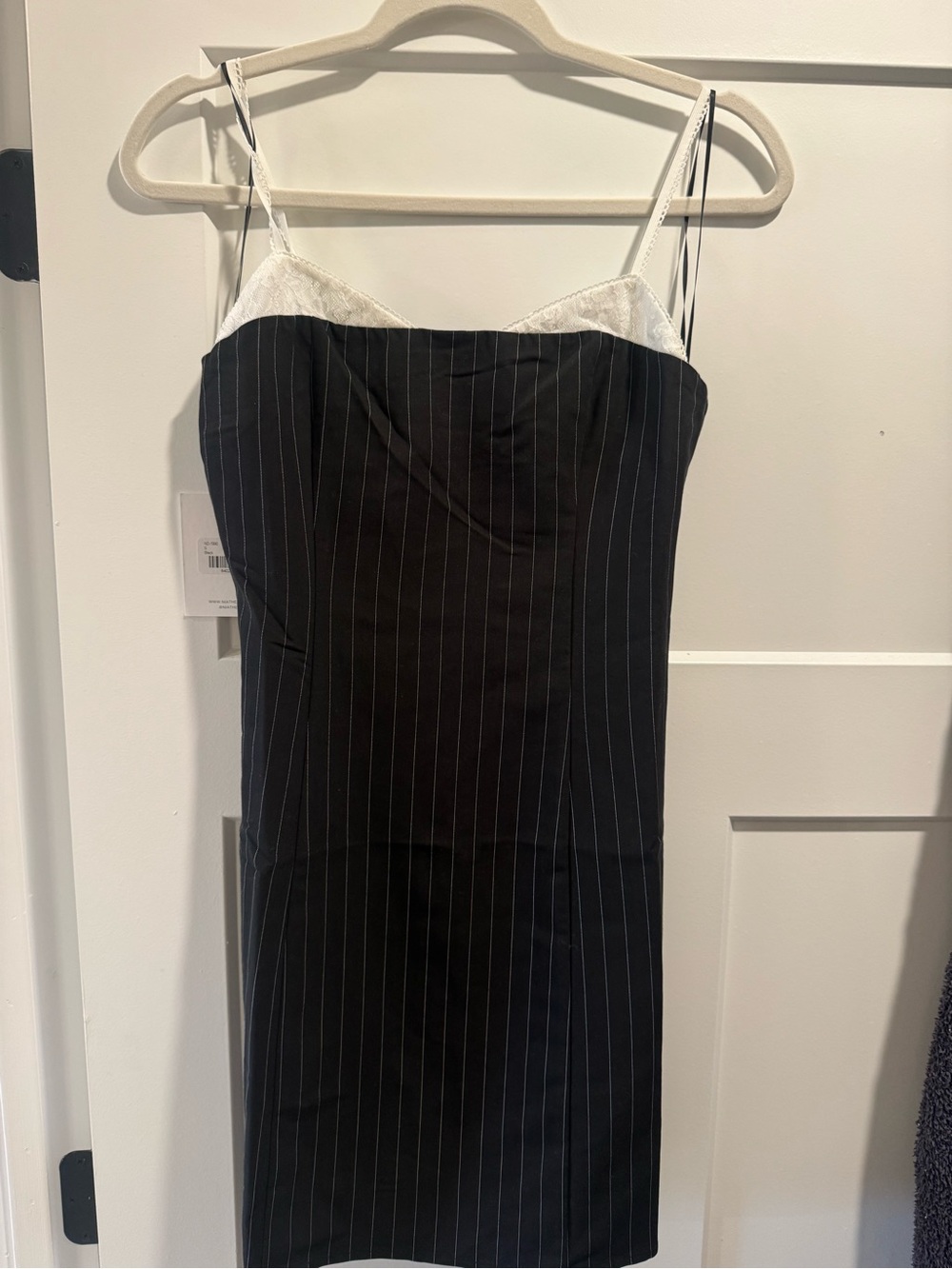 REVOLVE Black Pinstripe Slip Dress with White Lace Trim